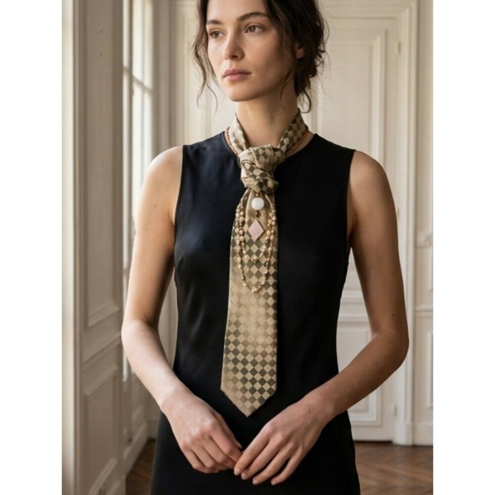 NWT Van Huesen Silk  Champagne Harlequin Statement Necklace with Beaded Accent